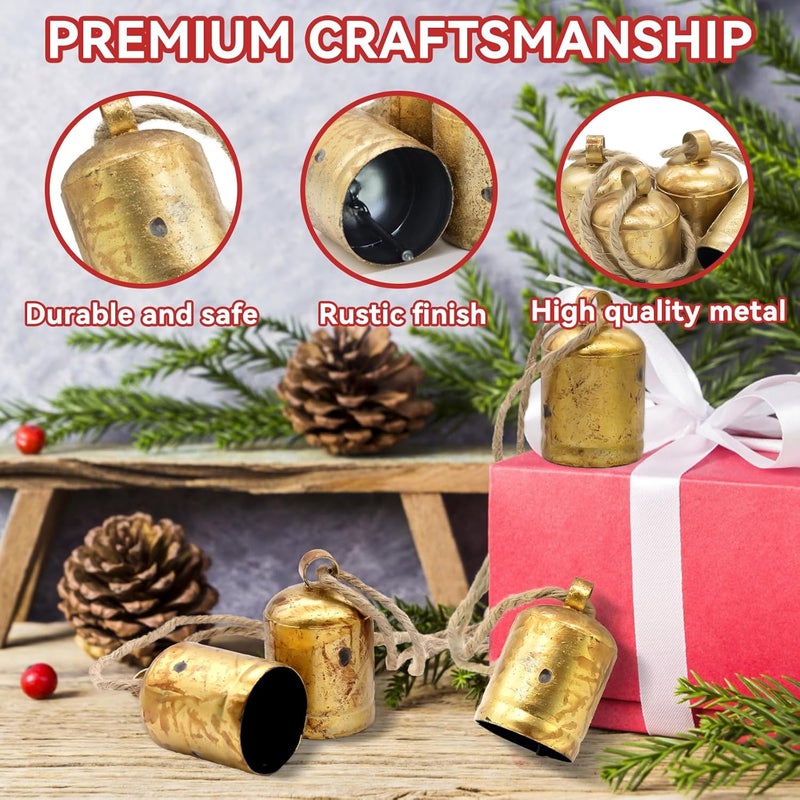 SUNYEAH Vintage Gold Bells with Jute Hanging Rope Christmas Tree Decor Lucky Cow Bell Decorative Wall Hanging Decor Witch Bells for Crafts Door Hangers - Image 2